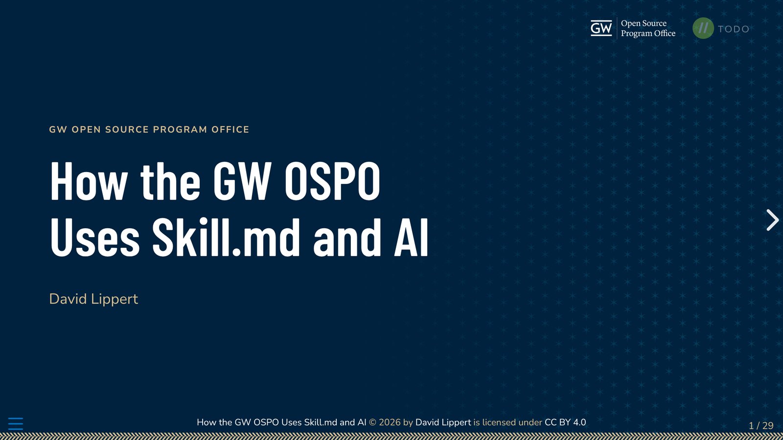 Title slide of the presentation &ldquo;How the GW OSPO Uses Skill.md and AI&rdquo; by David Lippert.
