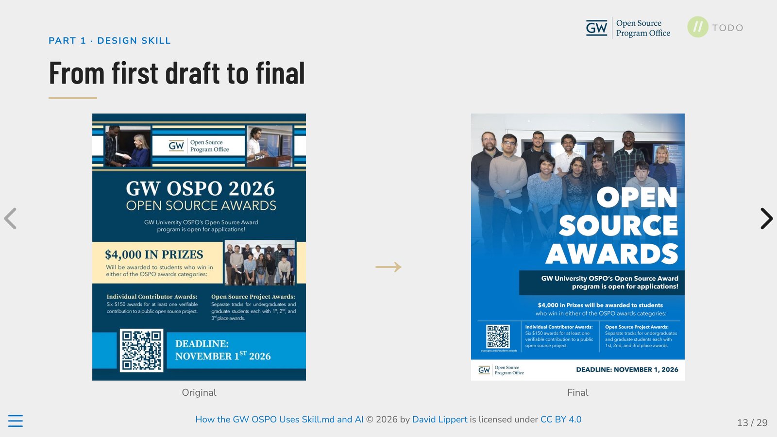 Before and after: the original student awards flyer and the revised final version.