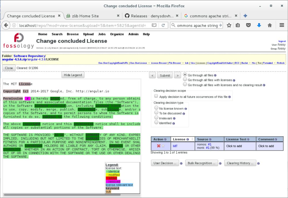 FOSSology compliance tool screen shot